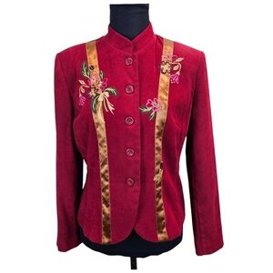 Vintage Y2K Courtenay Red Vegan Suede Floral Embroidered Blazer Sz 6P Boho Retro